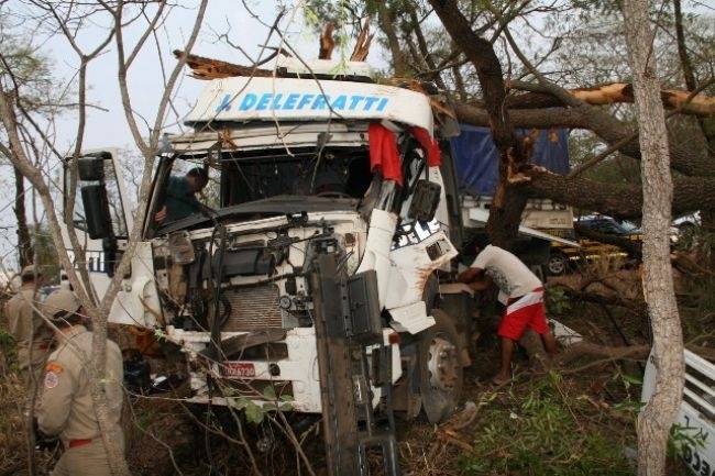 Caminh�o saiu da pista e colidiu fortemente em uma �rvore