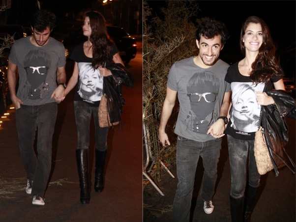 Alinne Moraes e Felipe Simo chegam juntos a festa de 