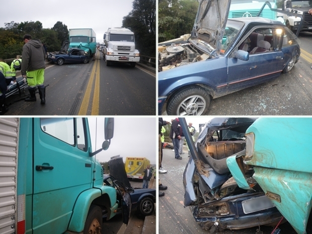 Motorista perdeu a visibilidade aps cap de carro se soltar. Trs pessoas ficaram feridas.