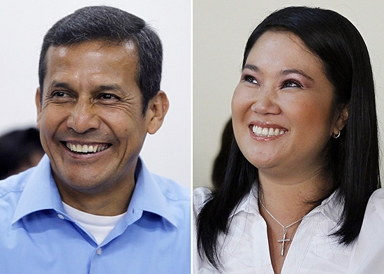 Os candidatos � Presid�ncia do Peru, Ollanta Humala (� esq) e Keiko Fujimori, que disputar�o o 2� turno